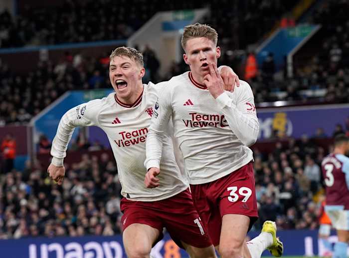 Goalscorers Rasmus Hojlund (left) and Scott McTominay pictured celebrating during Manchester United's 2-1 win at Aston Villa in February 2024
